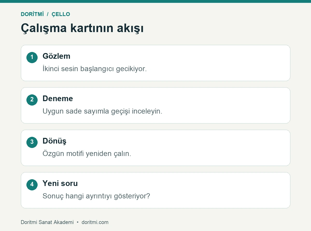 Çello çalışma kartında gözlem, deneme, dönüş ve değerlendirme