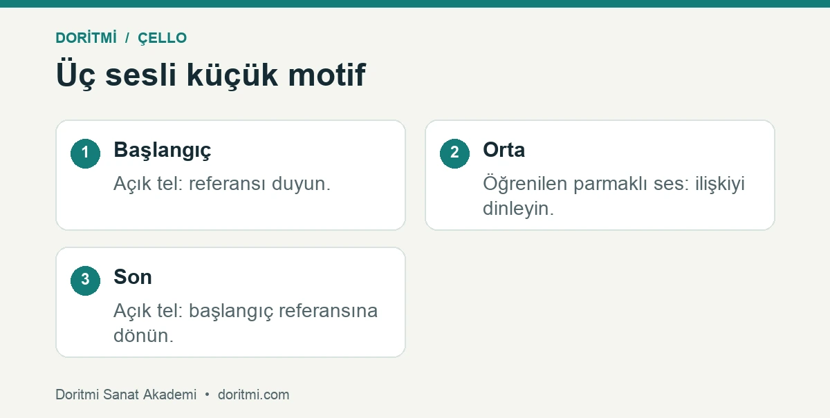 Çello parmak yerleşimi için açık tel, parmaklı ses ve açık tel motifi