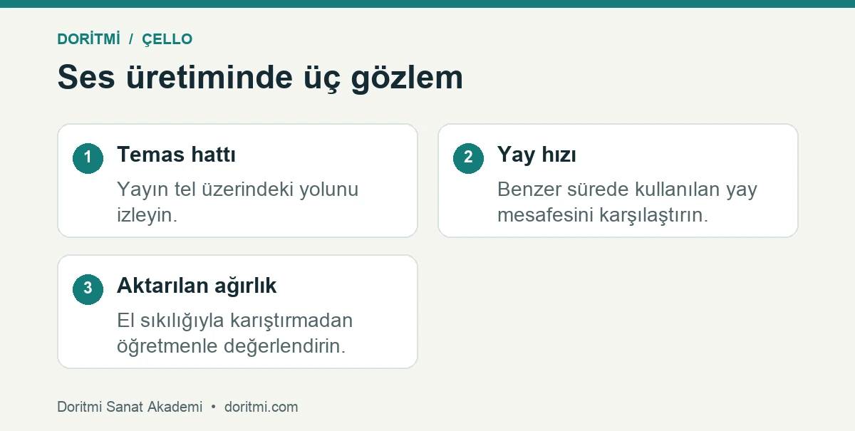 Çello yay çalışması: çello açık tel sesinde temas hattı, yay hızı ve aktarılan ağırlık karşılaştırması