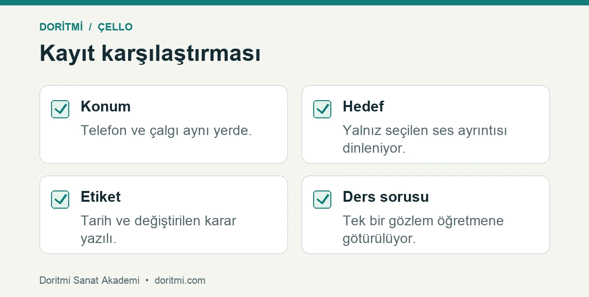 Çello kayıtlarını karşılaştırmak için dört kontrol noktası