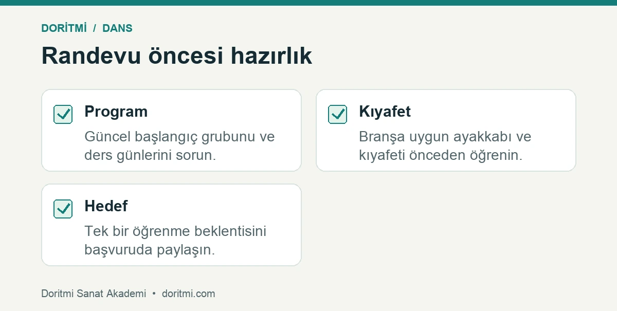 Dans randevusu için program, kıyafet ve hedef kontrolü