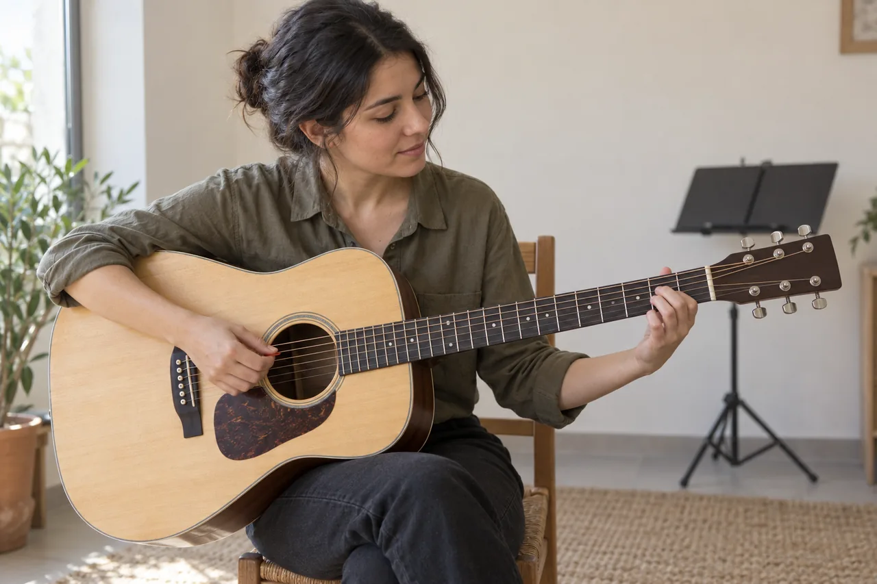 Çelik telli akustik gitarla çalışma yapan yetişkin.
