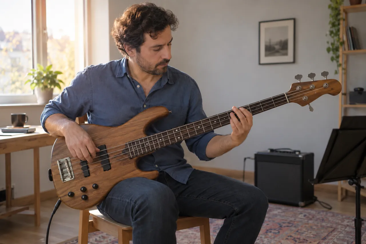 Dört telli bas gitarda parmak çalışması yapan yetişkin müzisyen.