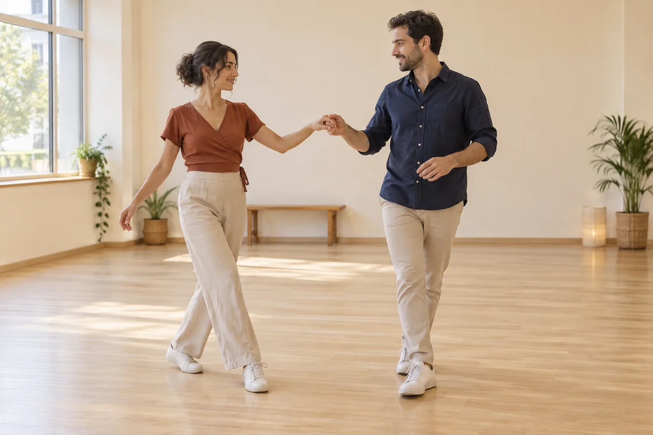 İki yetişkinin birlikte temel partner dansı adımı çalışması.