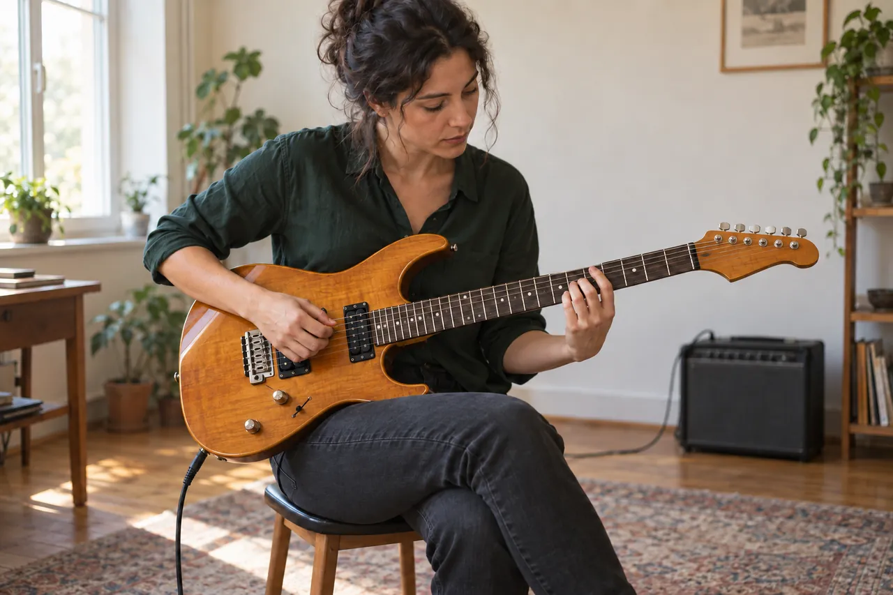 Altı telli elektro gitarda akor ve pena çalışması yapan yetişkin müzisyen.