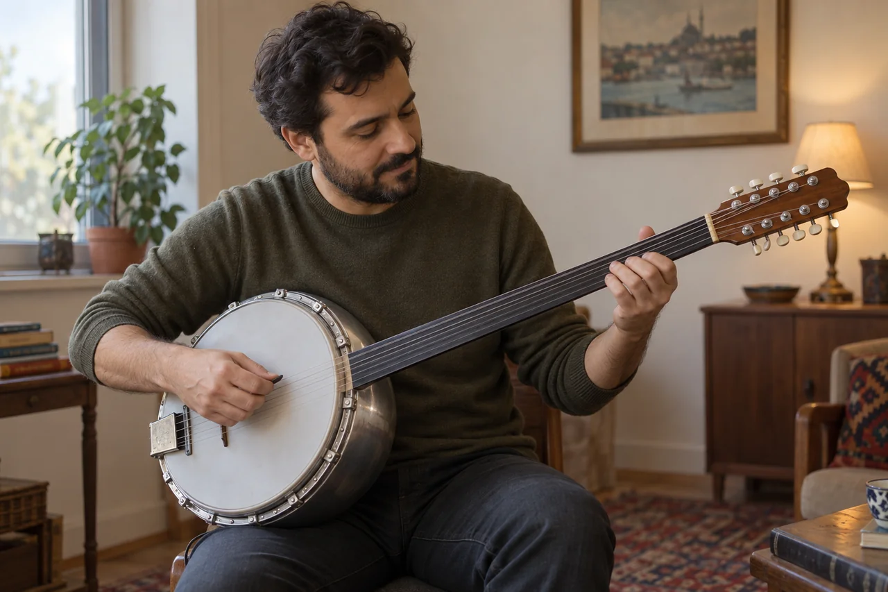 Alüminyum gövdeli ve perdesiz saplı standart cümbüşü mızrapla çalan yetişkin.