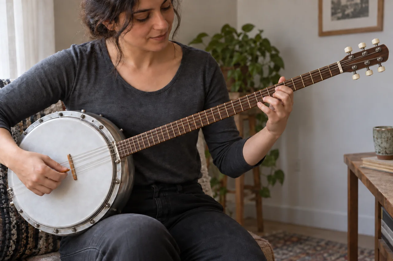 Uzun saplı saz cümbüşün perdelerinde parmak çalışması yapan yetişkin.