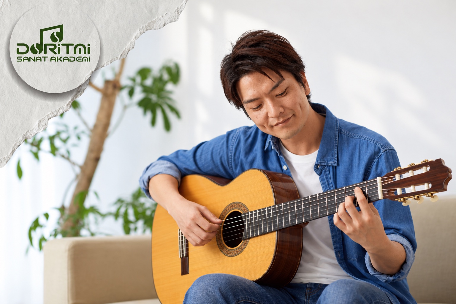 Doritmi logolu görselde klasik gitar çalan yetişkin