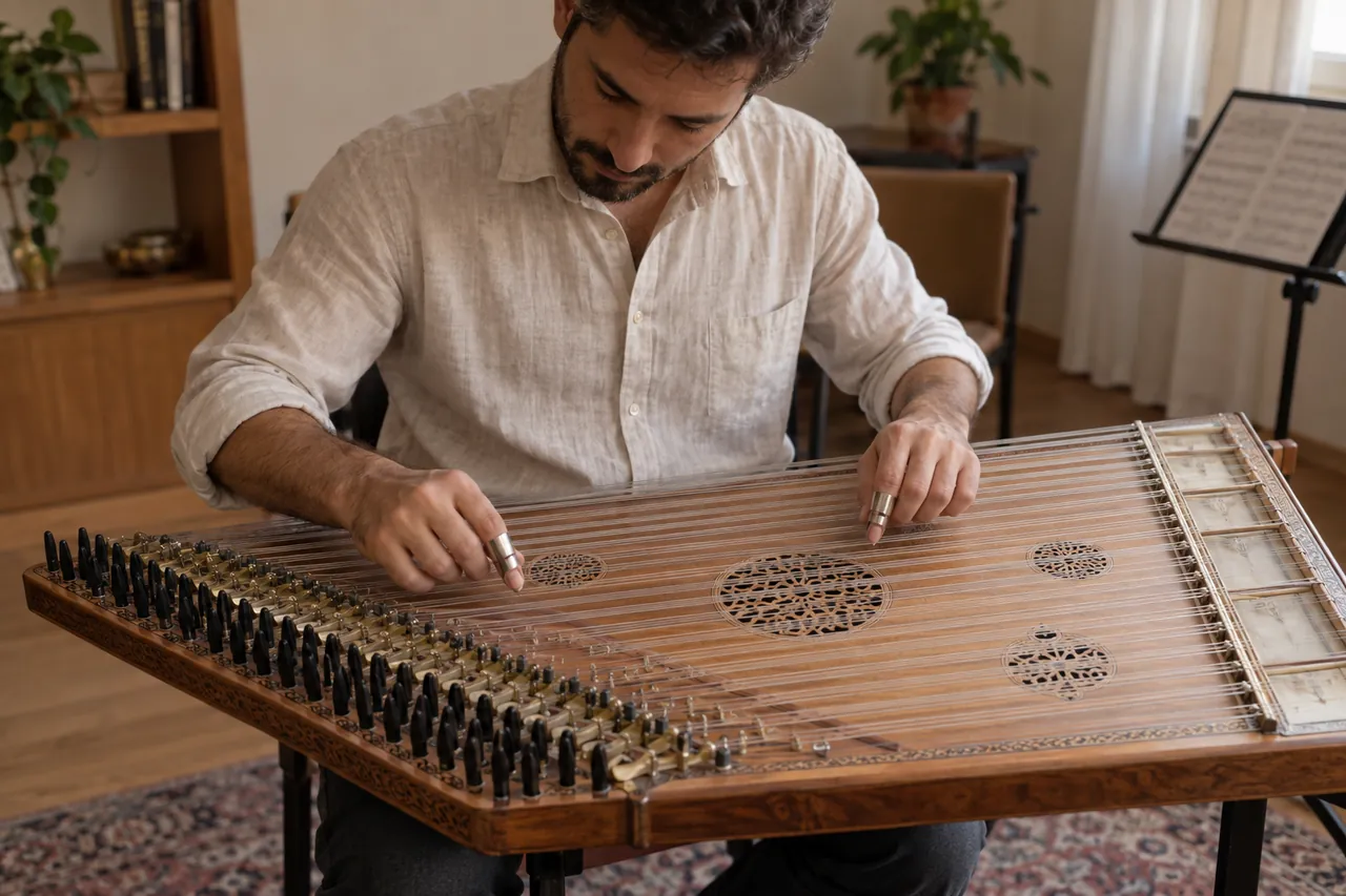 Kanun tellerinde iki el ve parmak mızraplarıyla çalışan yetişkin müzisyen.