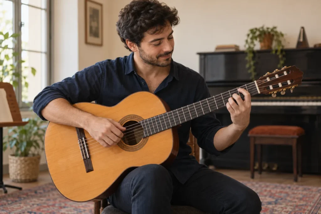 Piyano bulunan bir çalışma alanında klasik gitar çalan yetişkin.