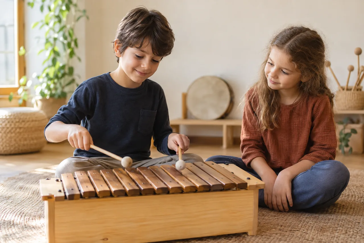 Ahşap Orff ksilofonuyla birlikte ritim keşfeden iki çocuk.