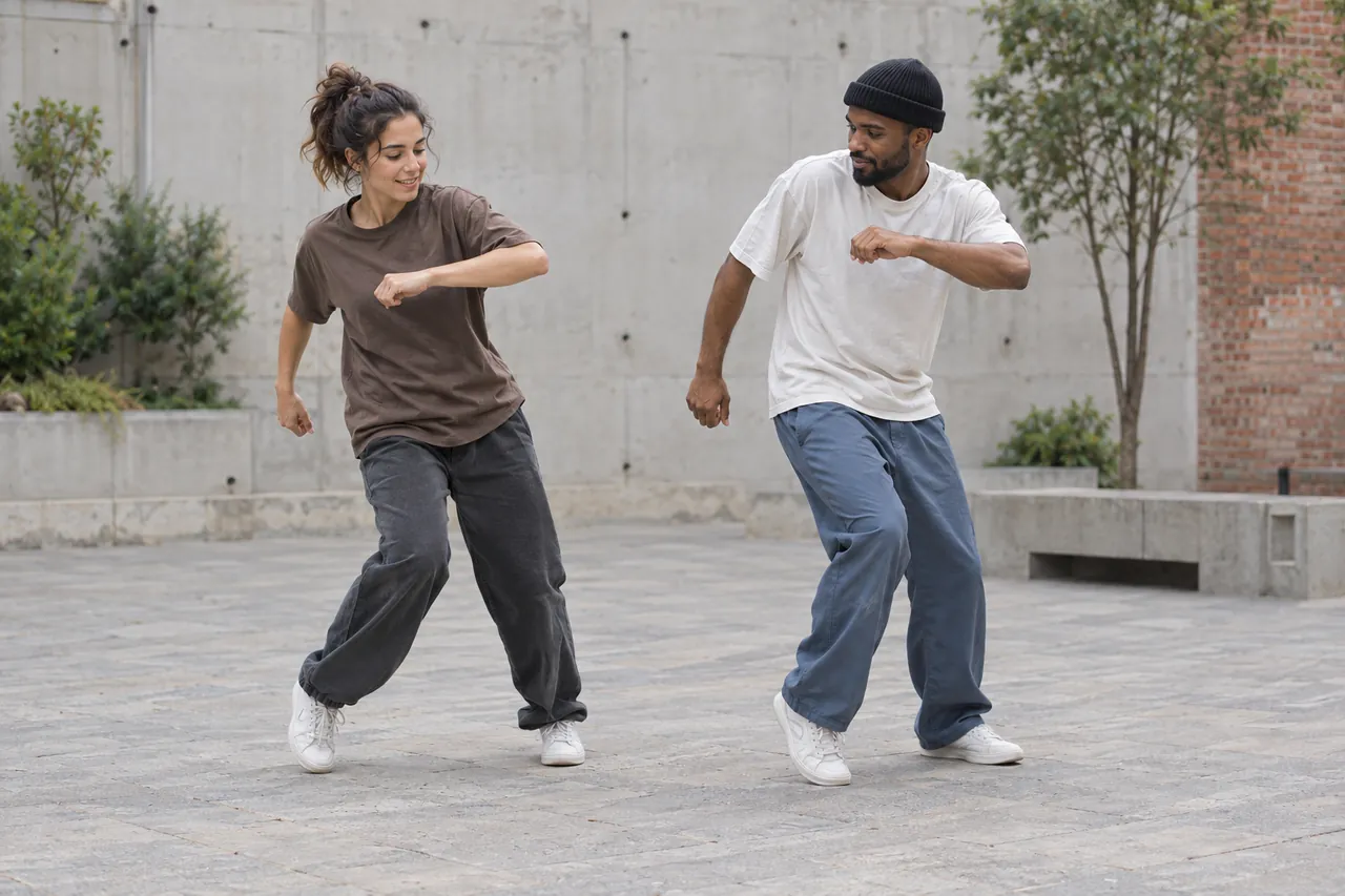 Açık avluda birlikte street dance adımları çalışan iki yetişkin.