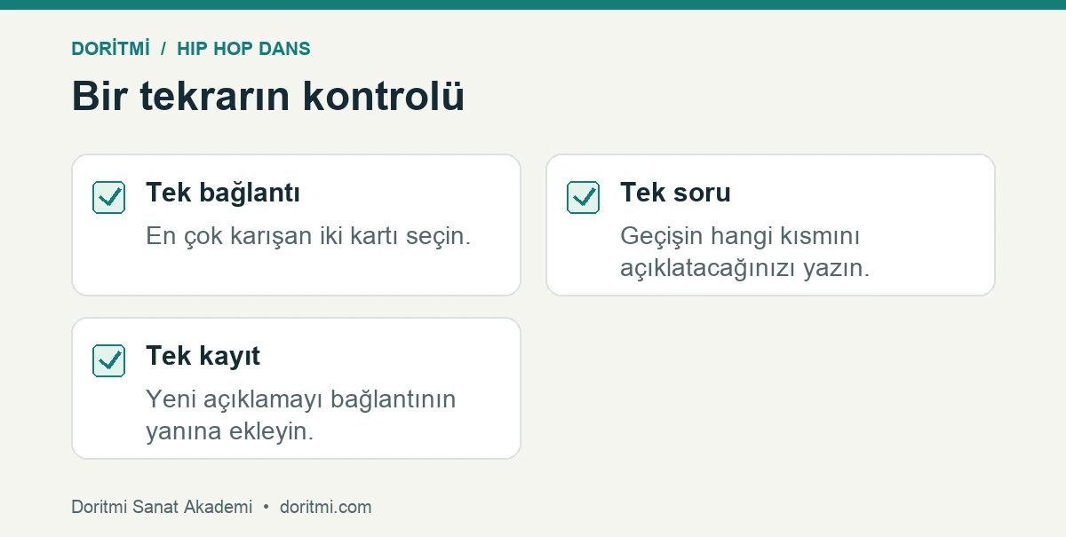 Koreografi tekrarında tek bağlantıya odaklanan kontrol listesi