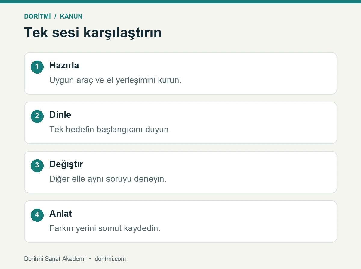 Kanun mızrap düzeni: kanun tek sesinde iki elin başlangıçlarını karşılaştırma