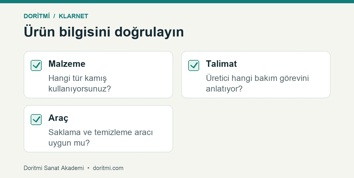 Klarnet kamış bakımında malzeme talimat ve araç kontrol listesi