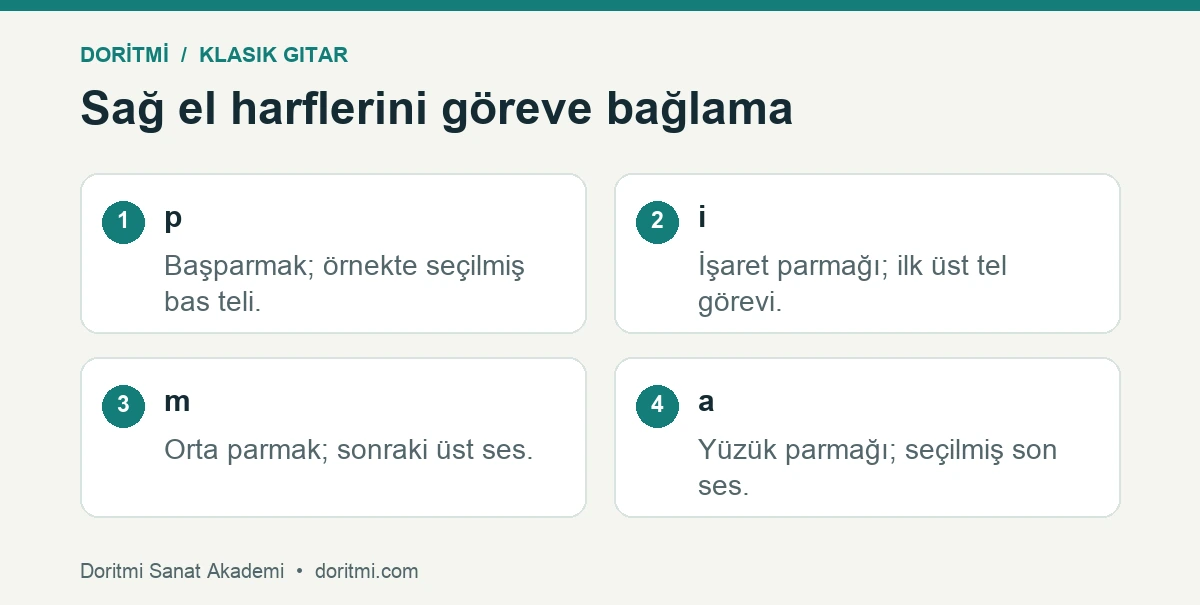 Klasik gitar arpejinde p i m a parmaklarının örnek görevleri