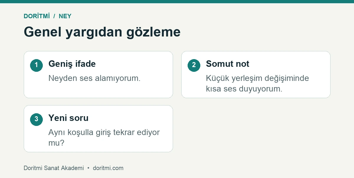 Ney başlangıcında genel sorun ifadesini somut ses gözlemine çevirme örneği