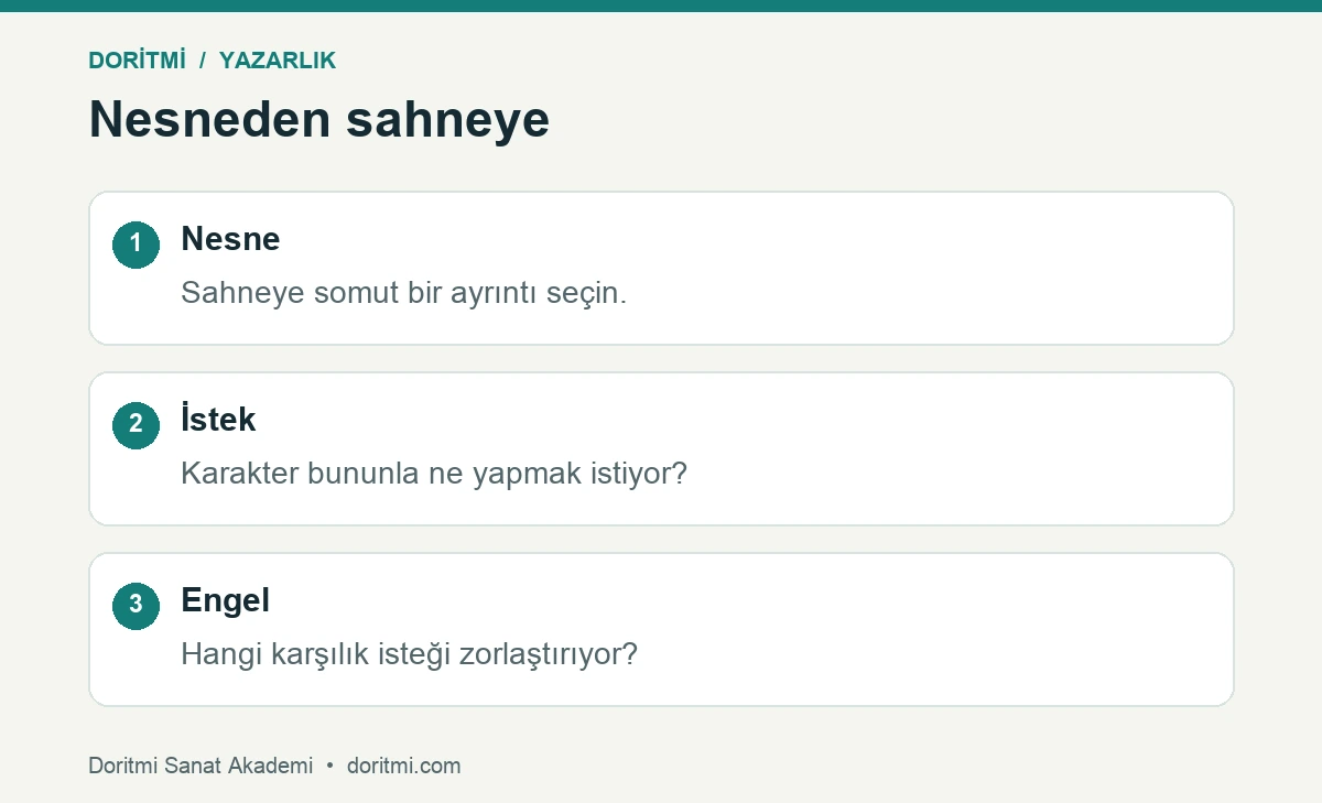 Öykü yazma alıştırması için nesne, istek ve engel adımları