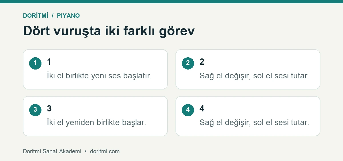 Sağ elin her vuruşta değiştiği ve sol elin iki vuruş tuttuğu örnek