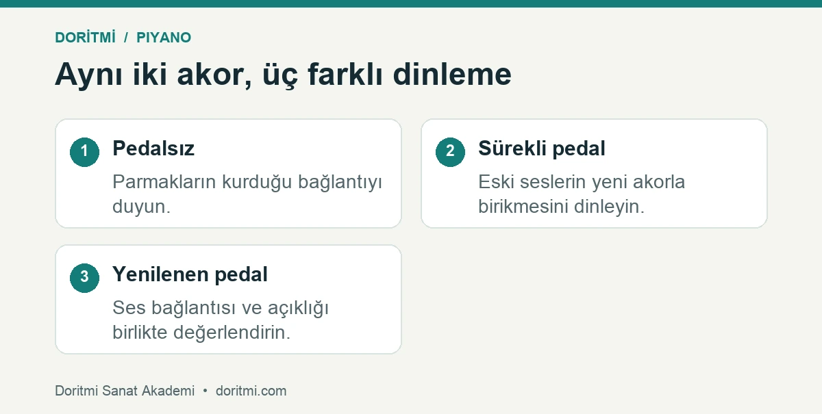 Piyano pedal kullanımı: iki akorlu örnekte pedalsız sürekli ve yenilenen pedal karşılaştırması