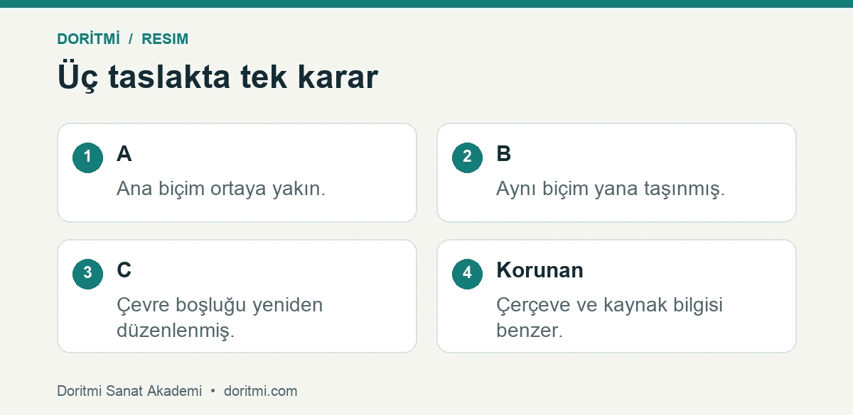 Resimde kompozisyon kararı: kompozisyonda aynı biçimin üç farklı yerleşim denemesi