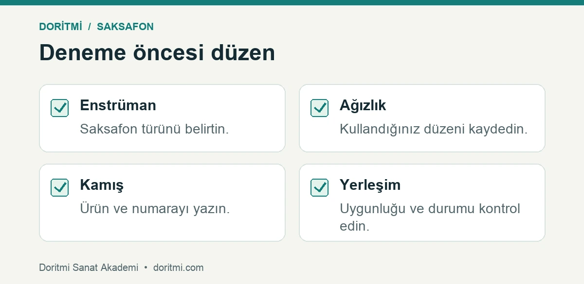 Saksafon kamış seçimi: saksafon kamış denemesi öncesi enstrüman ağızlık kamış ve yerleşim kontrolü