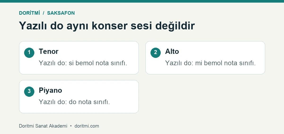 Saksafon transpoze notası: tenor alto saksafon ve piyanoda yazılı do ile duyulan nota sınıfı karşılaştırması