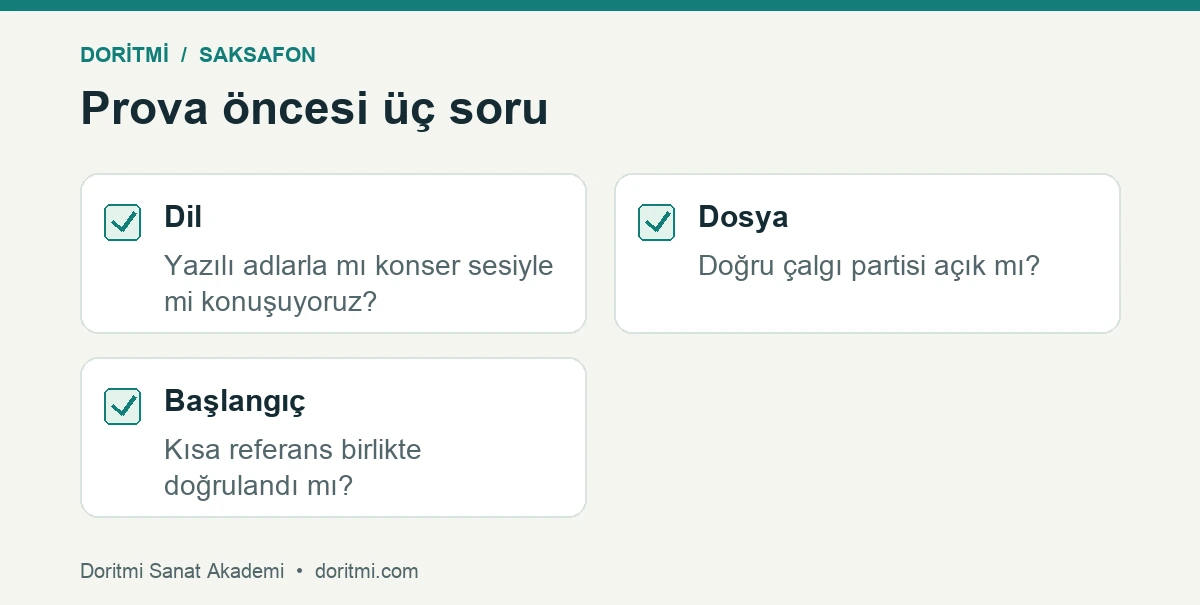 Saksafon provası öncesi adlandırma dosya ve başlangıç sesi kontrol listesi