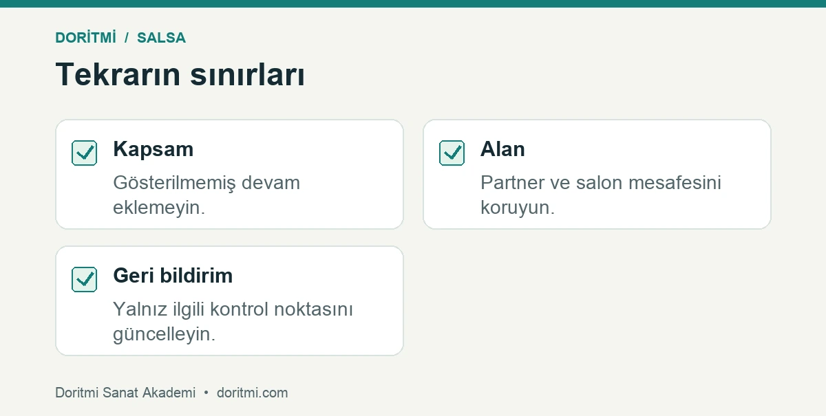 Salsa dönüş tekrarında kapsam, alan ve geri bildirim kontrolü