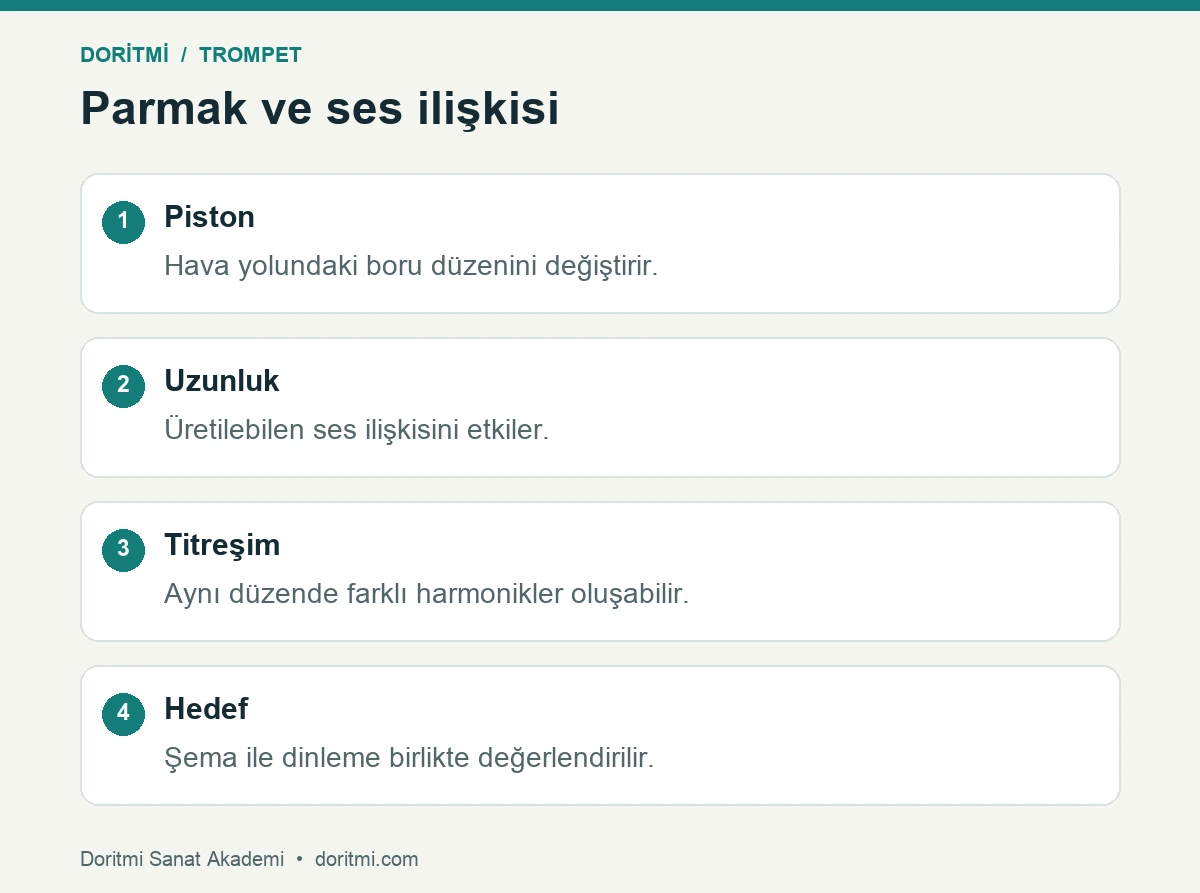 Trompet piston mantığı: trompette piston, boru uzunluğu ve hedef ses arasındaki kavramsal ilişki