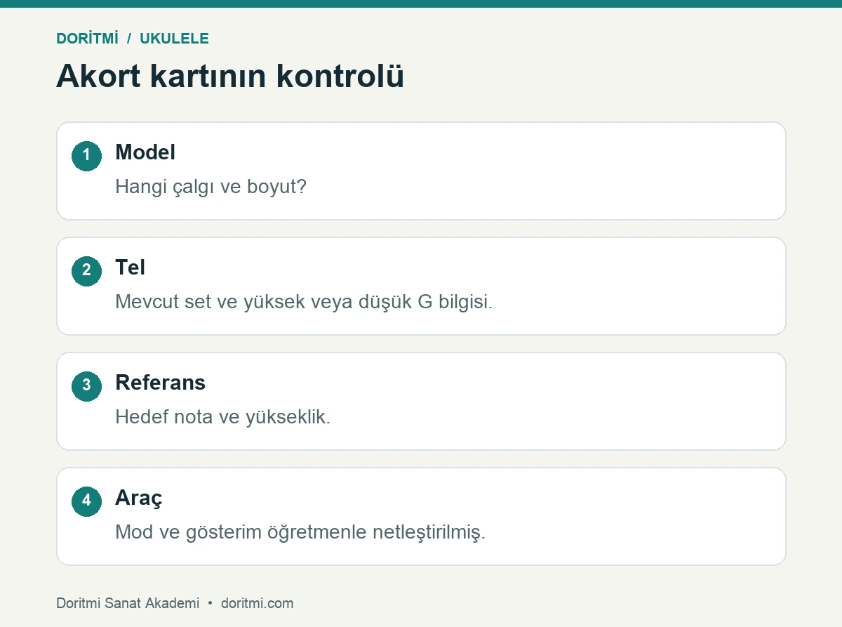 Ukulele akort bilgisini model, tel, referans ve araçla doğrulama