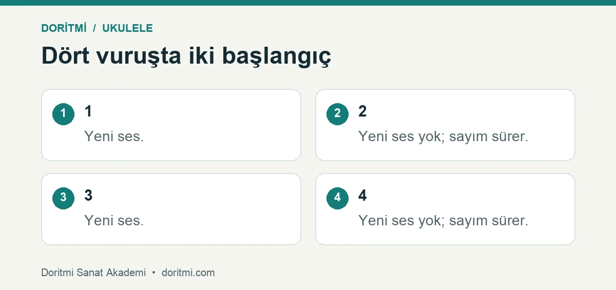 Ukulele ritim düzeni: ukulele ritim örneğinde birinci ve üçüncü vuruşta ses başlangıcı